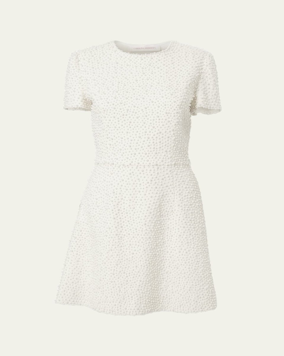 Pearly Embellished Short-Sleeve Mini Dress
